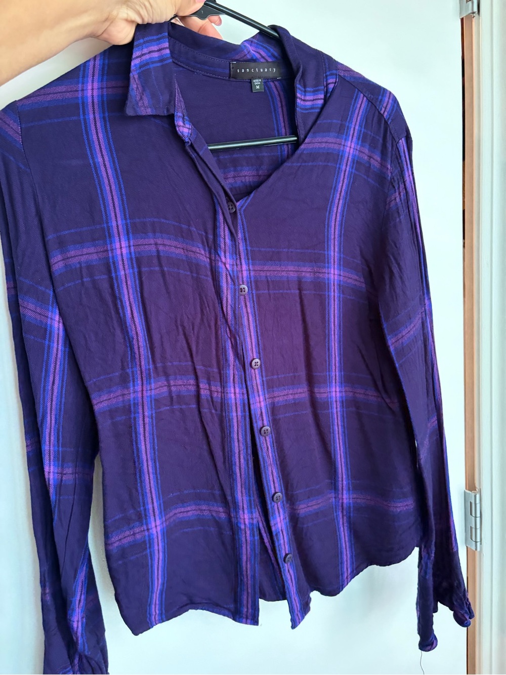 Sanctuary Purple Plaid Button-Down Shirt with Ruffle Detail Cuffs